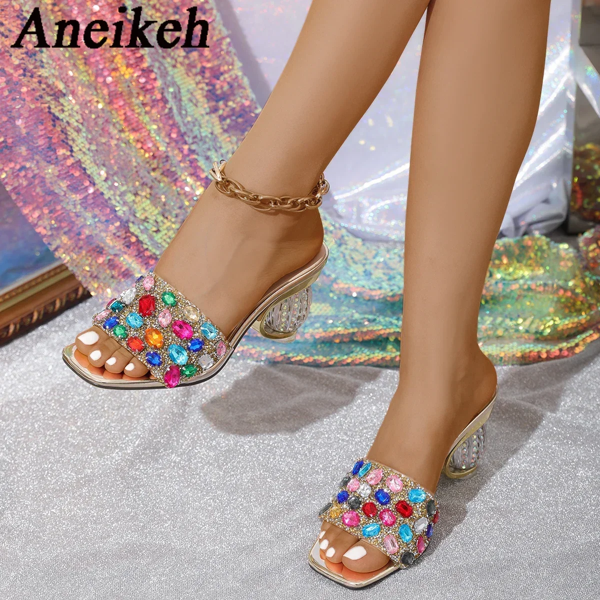 Aneikeh Shiny Colored rhinestone Sandals Slippers Women Transparent Thick Bottom Party Dress Mules High Heels 2025 Summer heeled