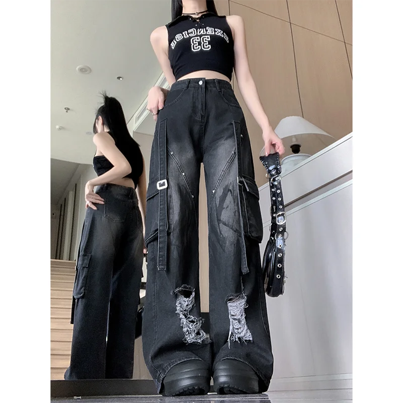 Fall Women Y2K Gothic Punk Style Baggy Ripped Fashion Jeans Vintage Japanese Harajuku Black emo Pants scene 2000s Trashy Clothes