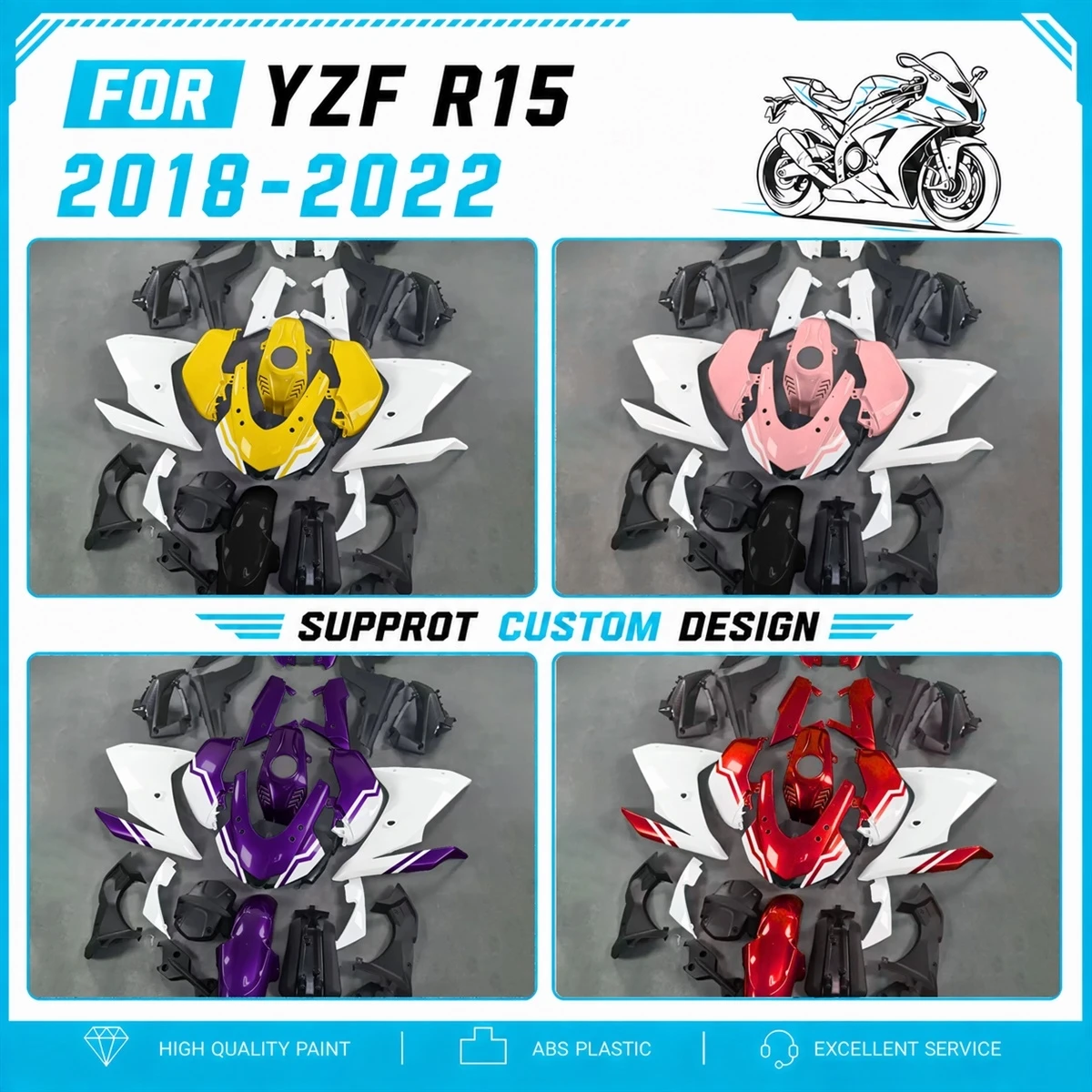 ABS Complete Easy Install Fairings Cover Fit for YZFR15 YZF R15 2018-2022 18-22 Injection Molded Fairing Set Panels