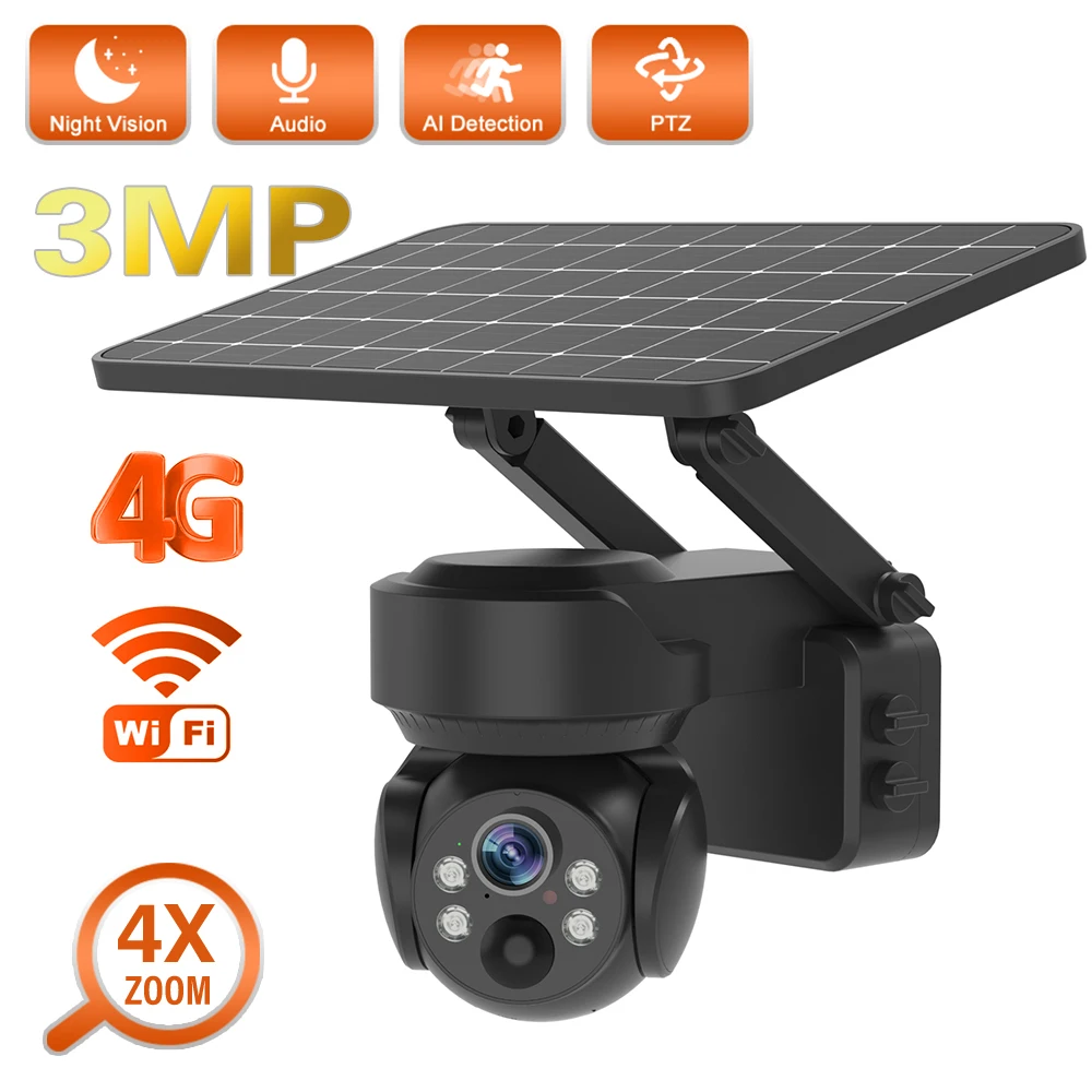 3MP 4G/Wifi Solar Camera Outdoor 4X Optical Zoom Motion Detection Full Color Night Vision Security surveillance IP PTZ Cameras