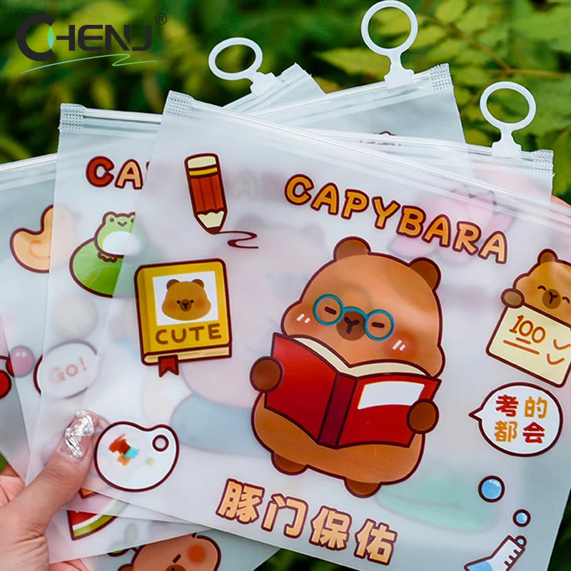 Transparent Waterproof Cartoon Cute Capybara File Bag Light Zipper File Bag Large Opening Portable Storage Bag School Supplies