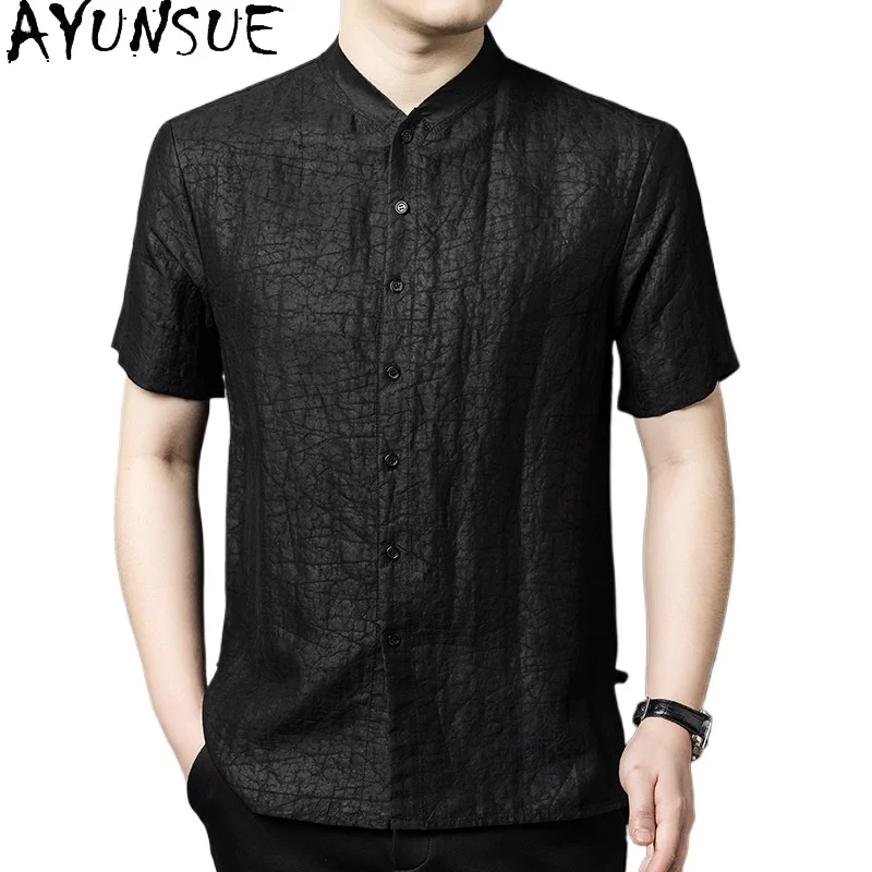 

AYUNSUE Luxury 100% Real Mulberry Silk Shirts for Man High Quality Summer Top Stand Collar Short Sleeve Shirts Xiangyunsha Shirt