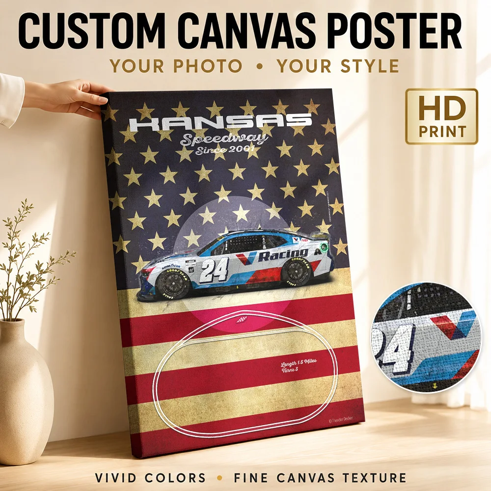 Kansas Speedway Racing Canvas Print Poster Custom Retro Automotive Wall Art for Game Room Decor Collectible Ready to Hang Gift