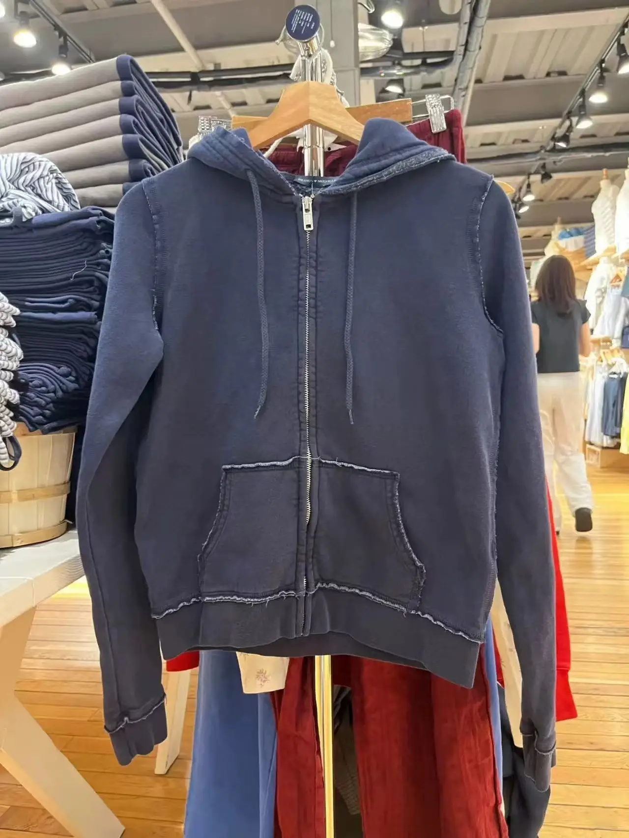 Vintage ourlet brut poche marine sweats hauts femmes nouveau coton décontracté cordon pull zippé manteau Preppy Style recadrée à capuche