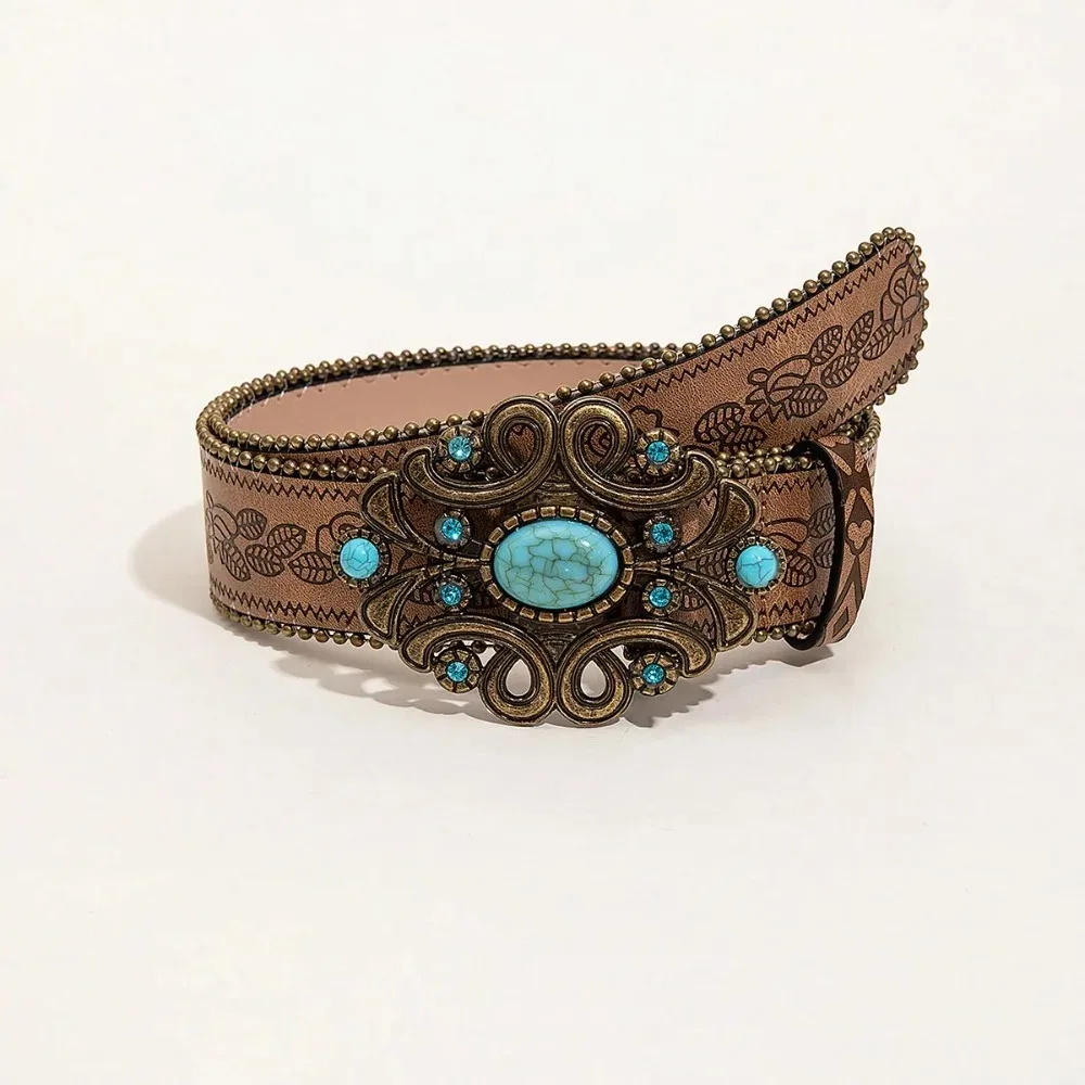 1 Piece of Blue Agate Palace Buckle Flower Embossed PU Belt