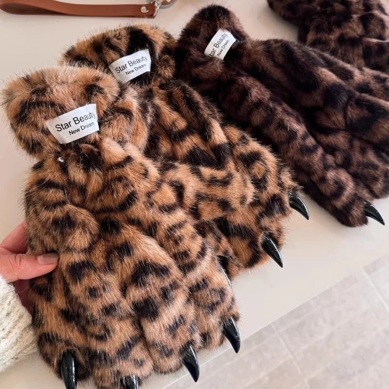 Winter Warm Leopard Paw Plush Five Finger Gloves Girl's Cute Trendy Cosplay Cool Props Riding Thickened Cold Brown Gloves