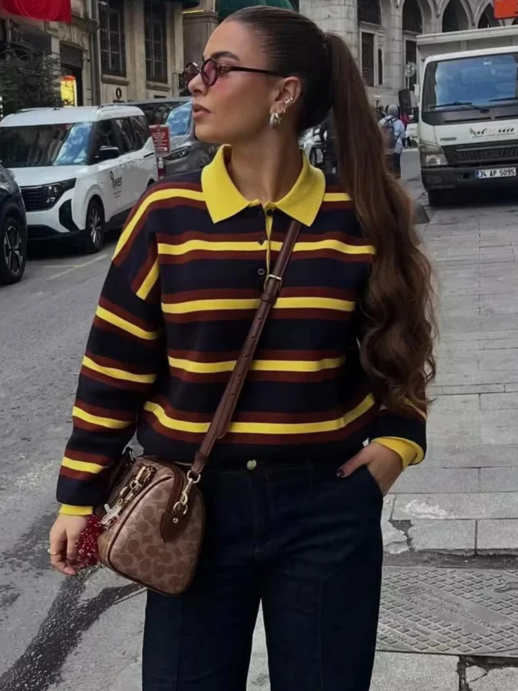 

Новый женский свитер с воротником-поло в стиле ретро в консервативном стиле для женщин, повседневный свободный полосатый вязаный пуловер с длинными рукавами, свитера
