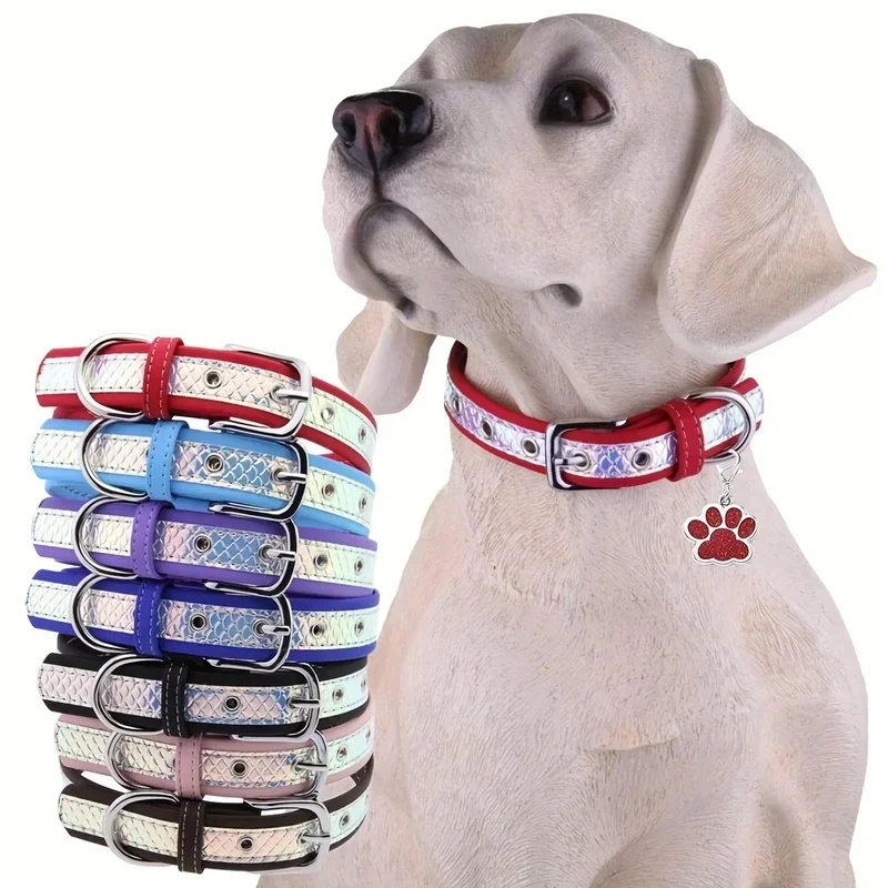 Personalized Reflective Dog Collar Custom Name ID Tag Adjustable PU Leather Collars for Small Medium Dogs