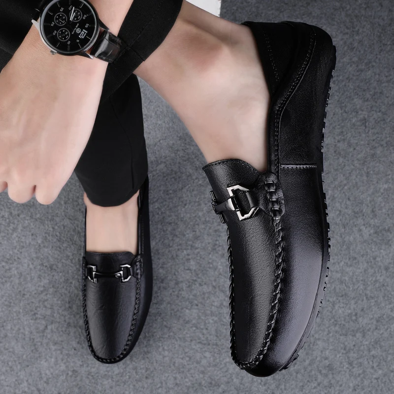 Mocasines de cuero genuino para hombre, zapatos planos informales suaves sin cordones a la moda, calzado para hombre adulto, zapatos náuticos hechos a mano