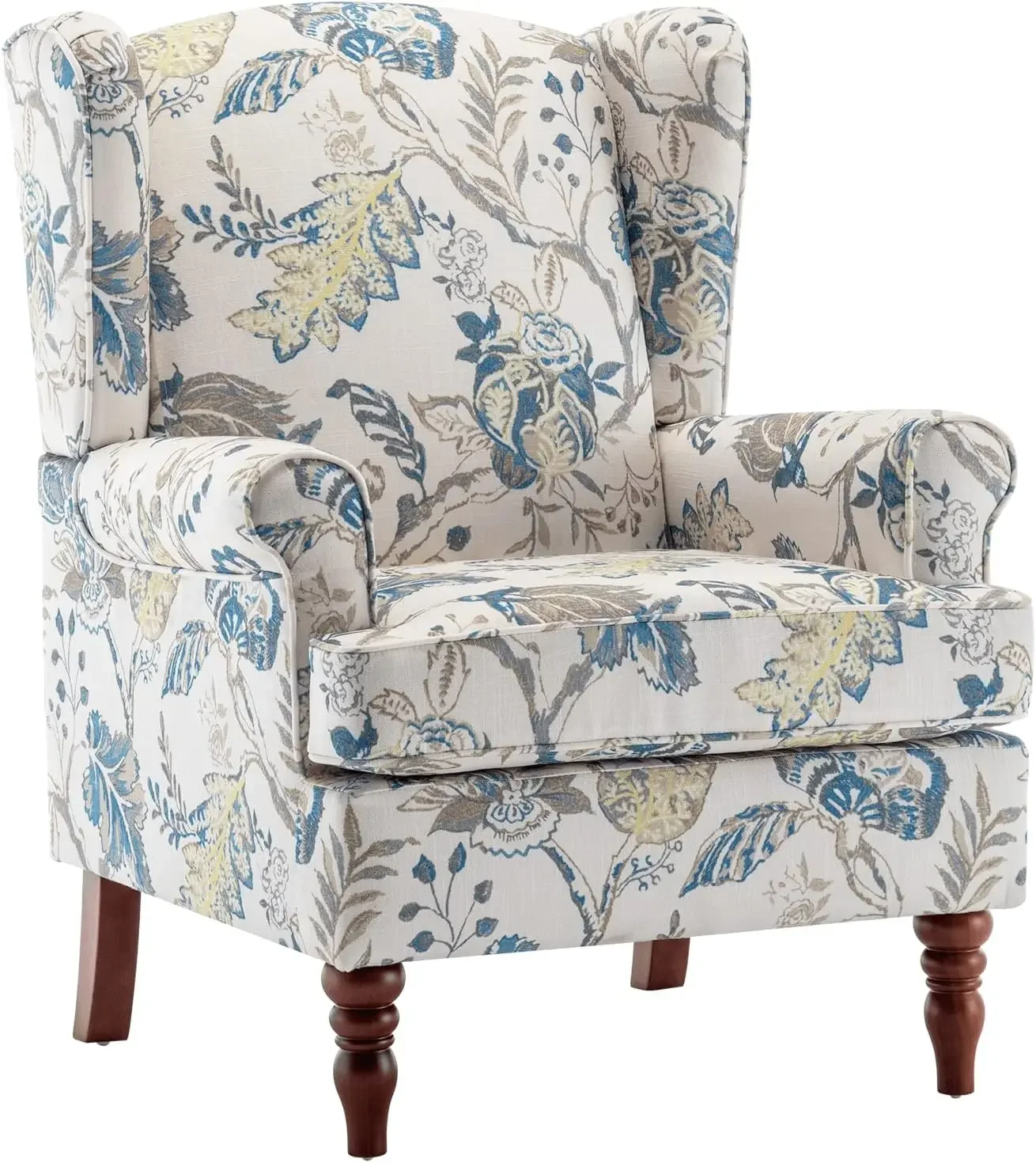 Floral Accent Chair, High Back Upholstered Armchair with Solid Legs, Leisure Single Sofa Chair for Living Room, Bedroom, Home Of