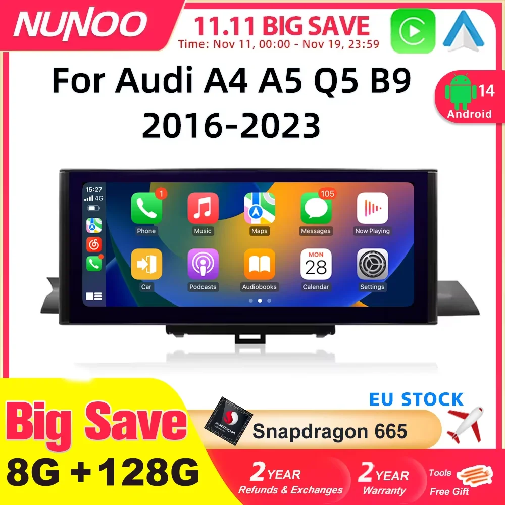 

12,3 Android 14 беспроводной мультимедийный стерео Carplay для Audi A4 A5 Q5 B9 2017 2016-2023 IPS WIFI сенсорный экран GPS Navi приемник