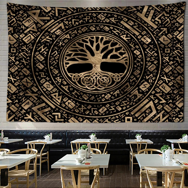 VIKAMA Celtic Tree of Life Tapestry Yggdrasil with Triquetra Black and Gold Wall Hanging Decor for Bedroom Living Room