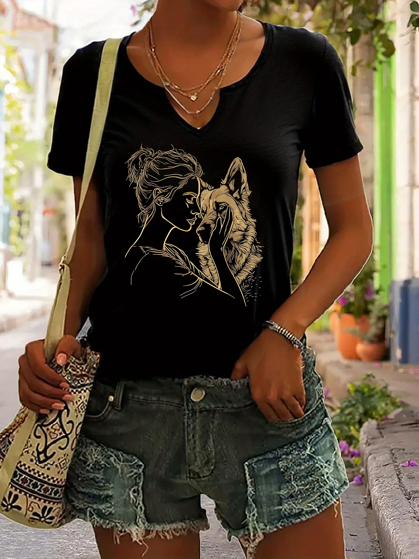 Women's V-Neck Girl & Wolf Graphic Tee, Minimalist Line Art Print T-Shirt, Casual Short Sleeve Daily Fashion Top