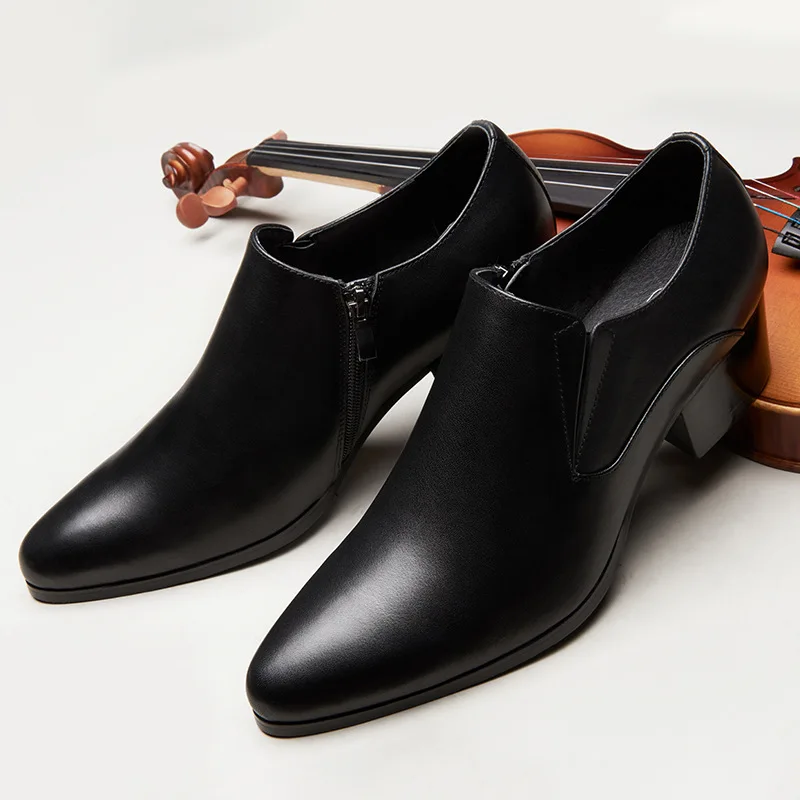 Black Zipper Round Head Male Loafers Cover Heel Men Casual Shoes Spring High Heel Fashion Dress Shoes