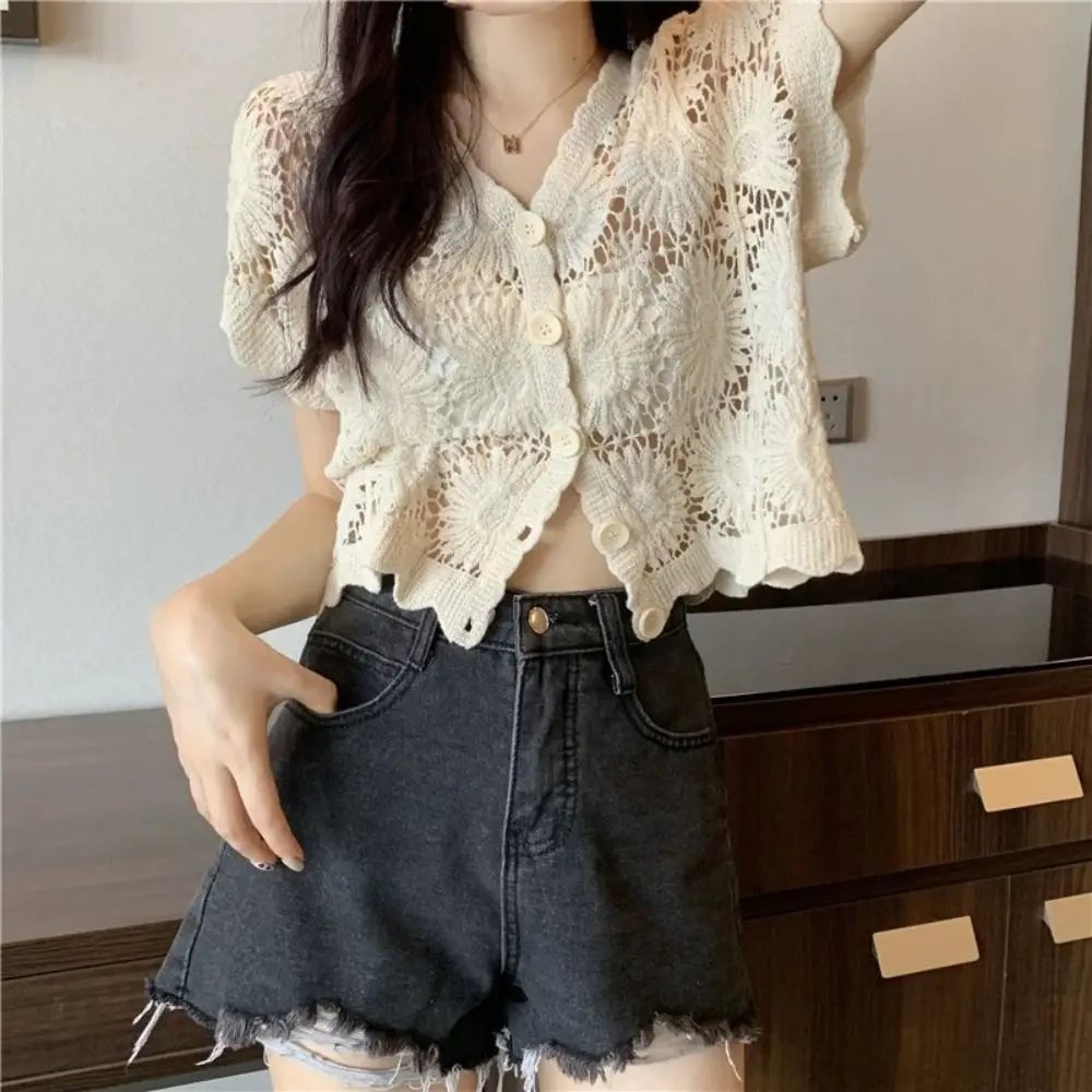 Fashion V-Neck Crochet Top Open-knit Short Sleeve Embroidery Blouse Boho Style Cardigan Summer