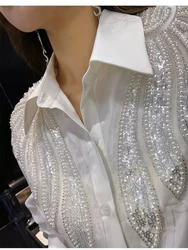 Beaded Sequined Stitch White Blouses Shirts Women 2024 Spring Autumn New In Long Sleeve Shirts Office Lady Tops