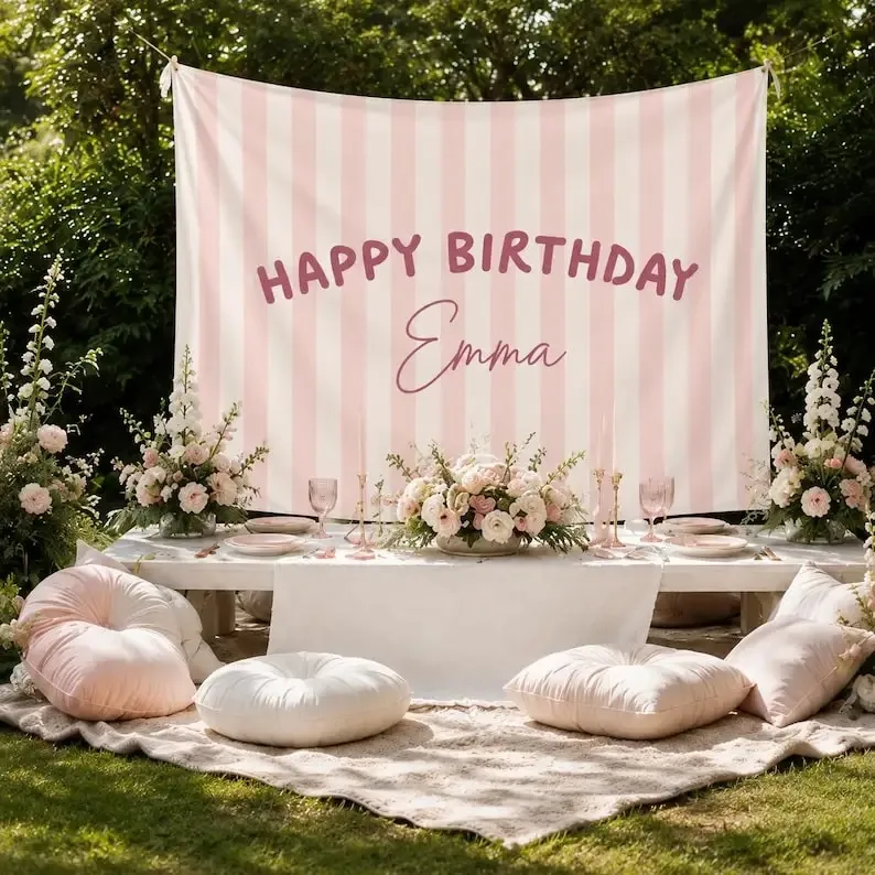 VIKAMA Personalized Custom Birthday Tapestry, Custom Name Party Backdrop, Boho Strip Banner, Fabric Wall Art