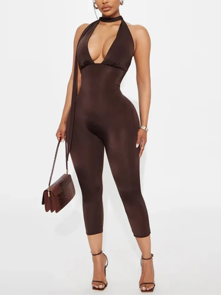 

Slim Jumpsuit Jumpsuits For Woman Women's Clothing Temperament Sexy Bodycon solid Color Halter Neck Backless Sleeveless Pendant