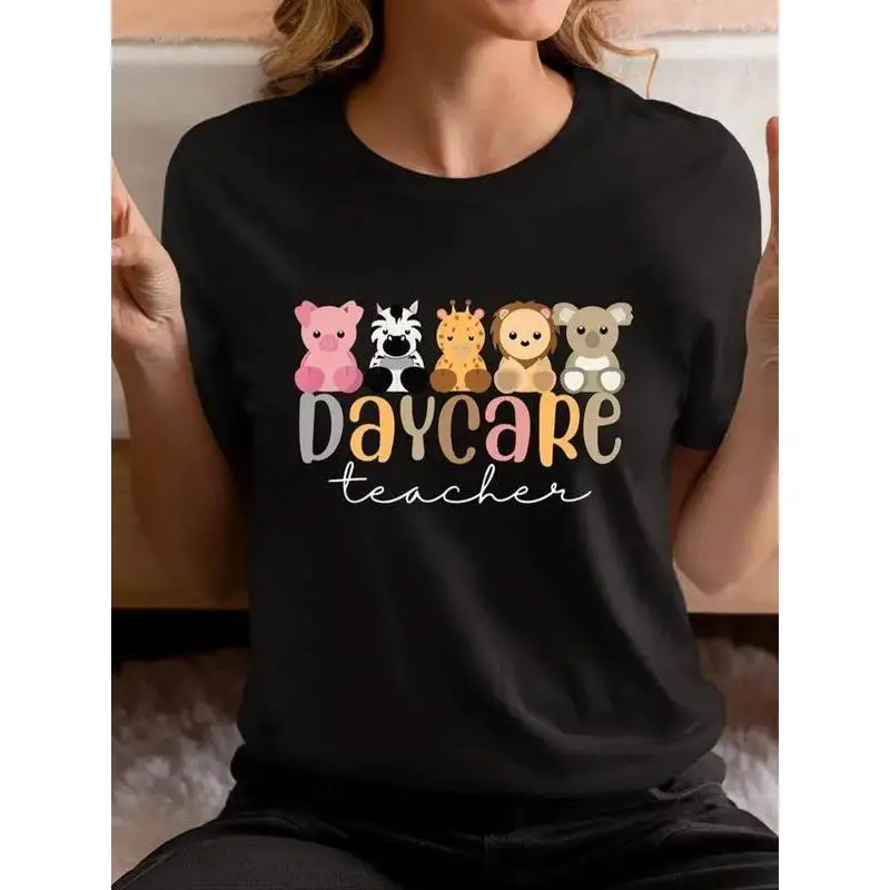 

Women's Teacher T-shirt Cute Animal Print Daycare Teacher Graphic Tee Funny Gift for Educator