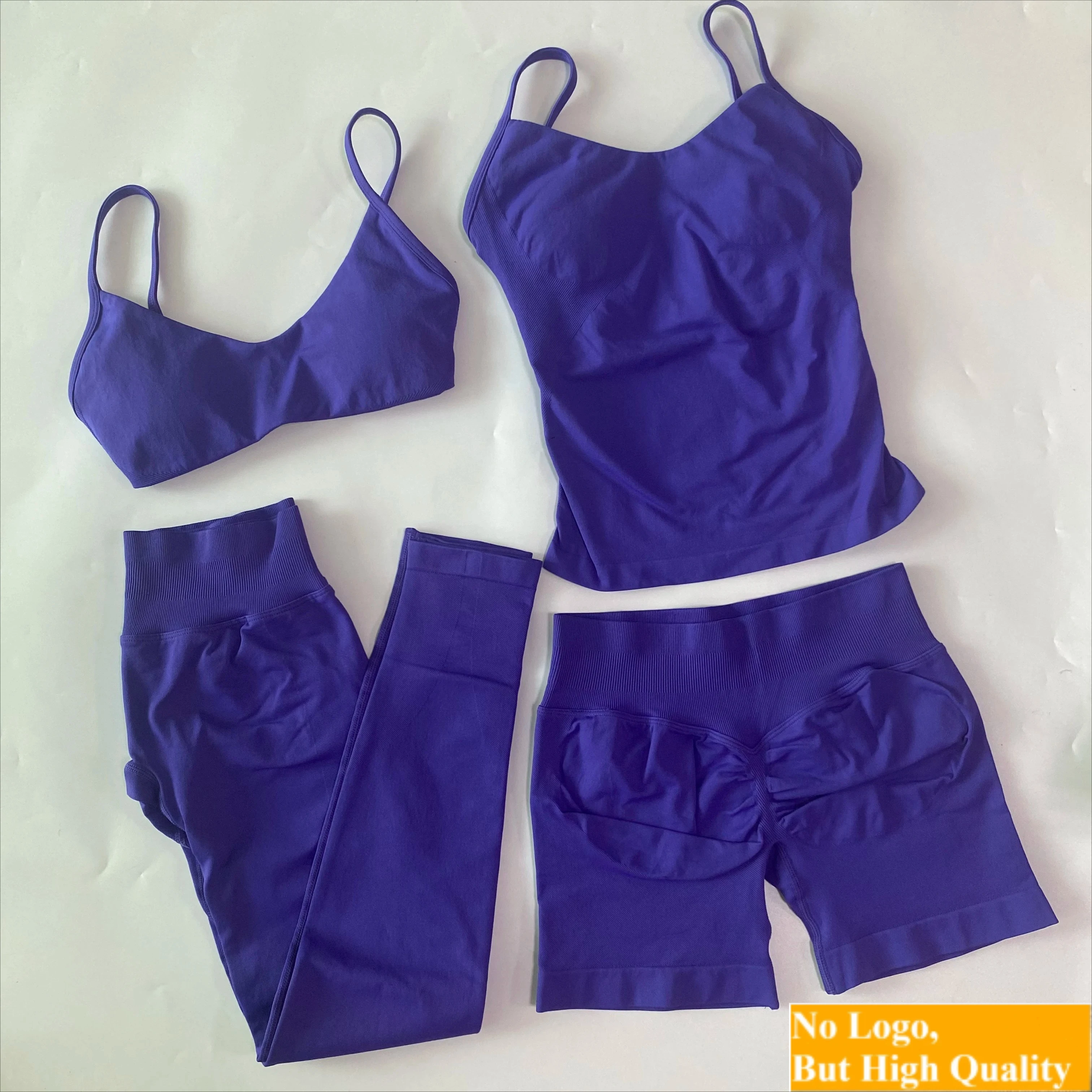 NO LOGO 4-pc Workout Set Women Scoop Neck Vest Sports Bra Fitness Shorts Yoga Leggings Gym Set Outfits Clothes Sportswear