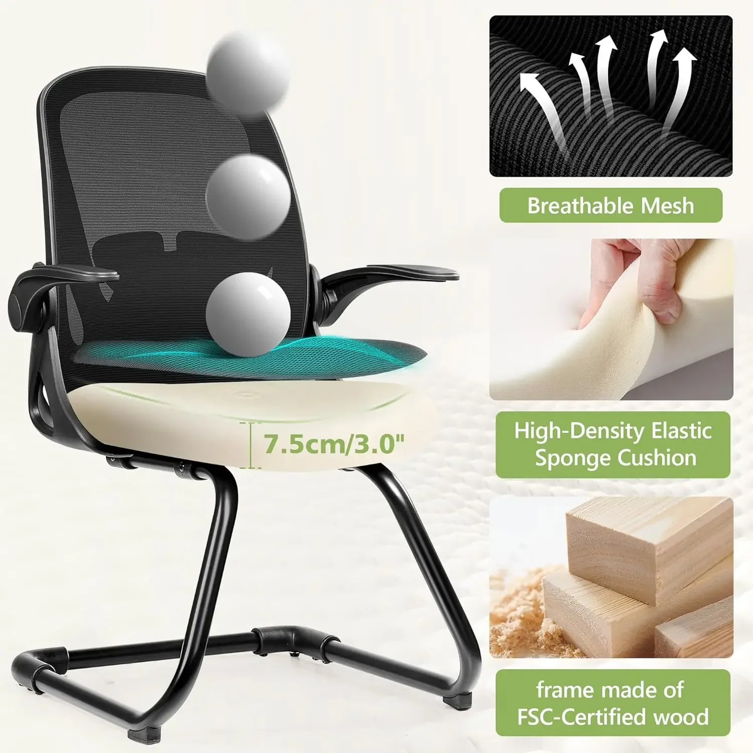 Waiting Room Chairs with Flip Up Arms and Adjustable Lumbar Support, Office Guest Chairs & Reception Chairs for Conference Room,