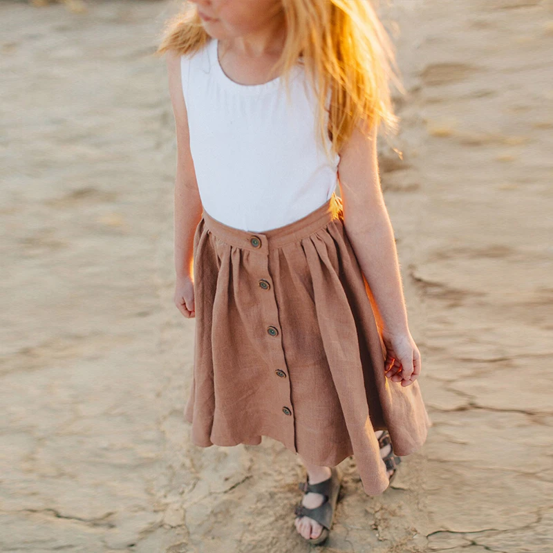 Retro Cotton And Linen Girls Beach Skirt With Button Summer New Solid Color Casual Loose Girl Skirts Kids Linen Clothing TZ237