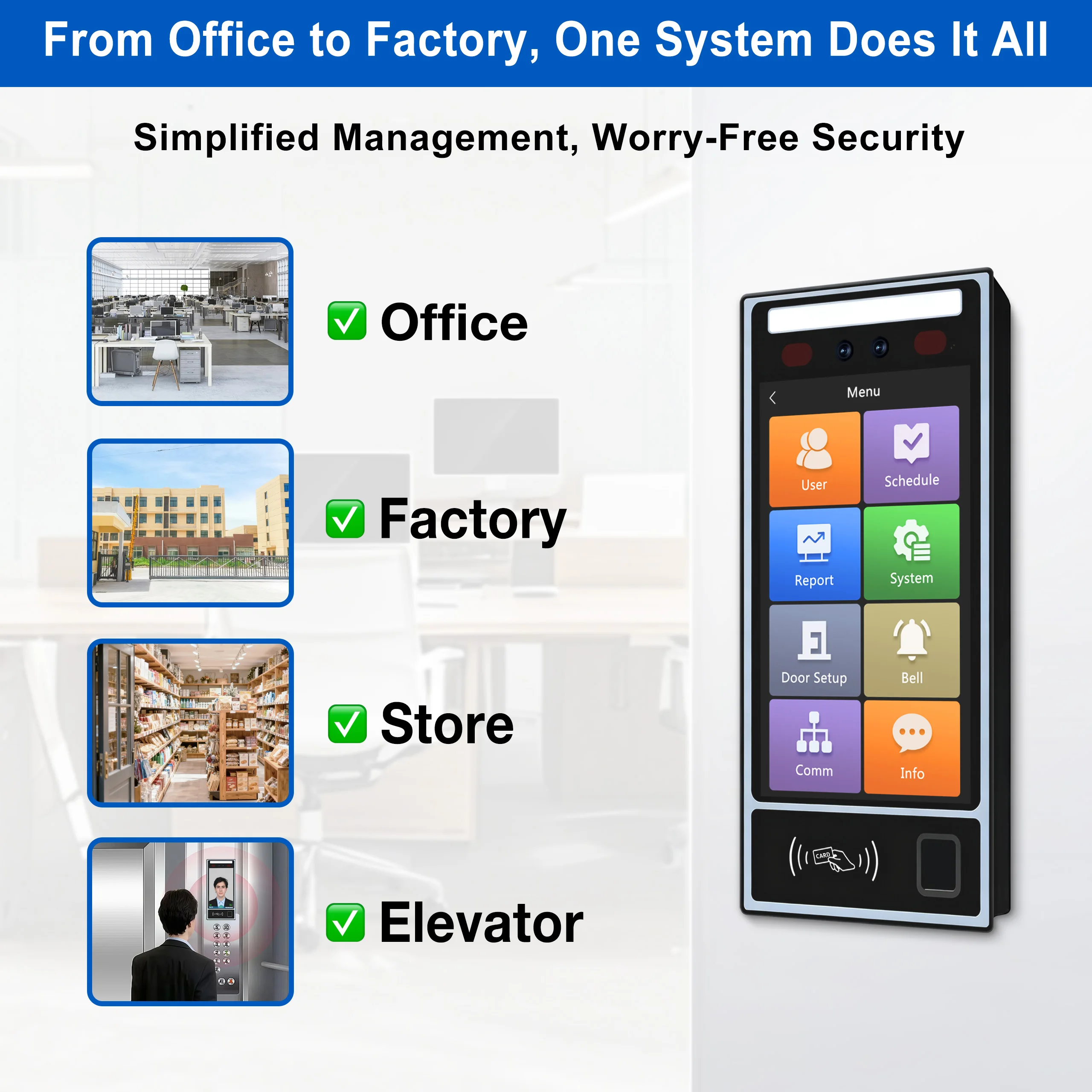 Terminal de contrôle d'accès et de présence multi-biométrique de 8 pouces – Veine de paume à empreintes digitales faciales, WiFi 4G TCP/IP