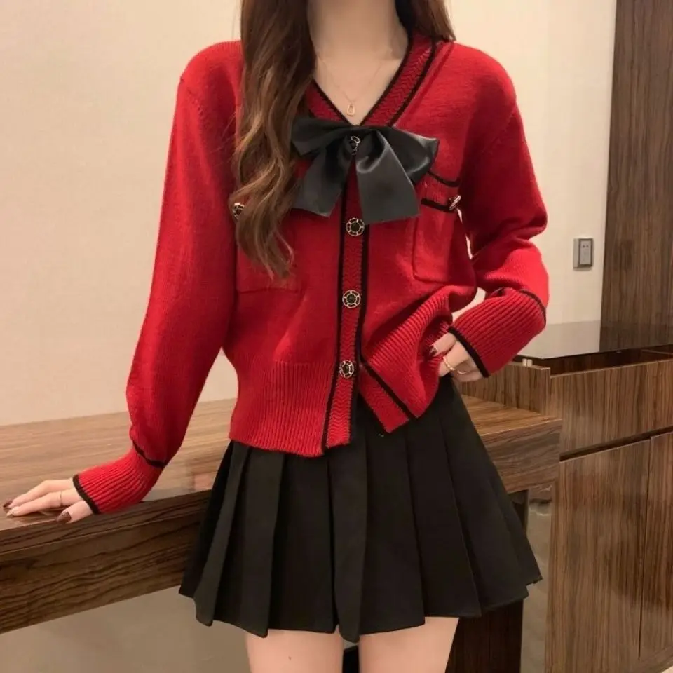 2023 Autumn New Fashion Small Fragrance Top Design Sense: A Small Crowd Bow Tie up Sweater Coat Women\'s Cardigan