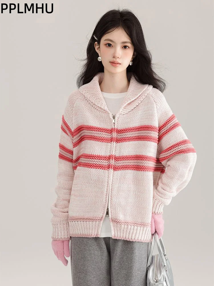 

Turn-Down Collar Striped Knitted Cardigan Korean Fashion Baggy Zippers Soft Sweater Women's Casual Loose Thickened Tops Gilet