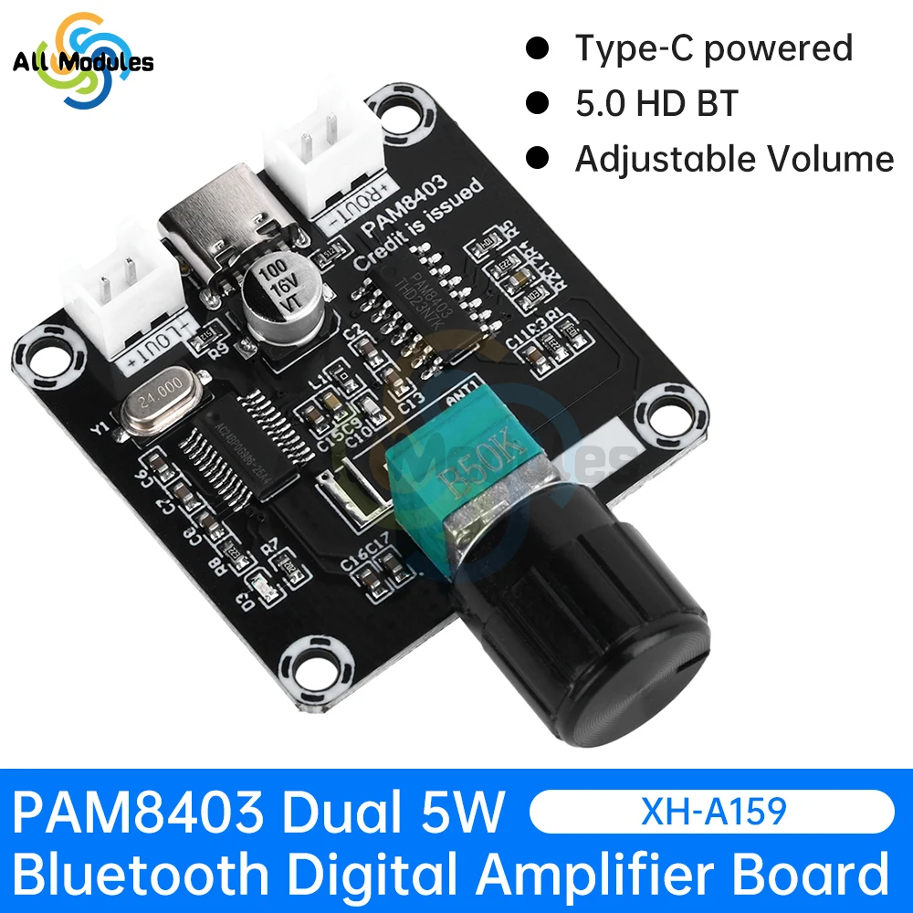 PAM8403 Bluetooth Digital Power Amplifier Board DC5V XH-A159 5W*2 Type-C Audio Amplifier Module Adjustable Volume