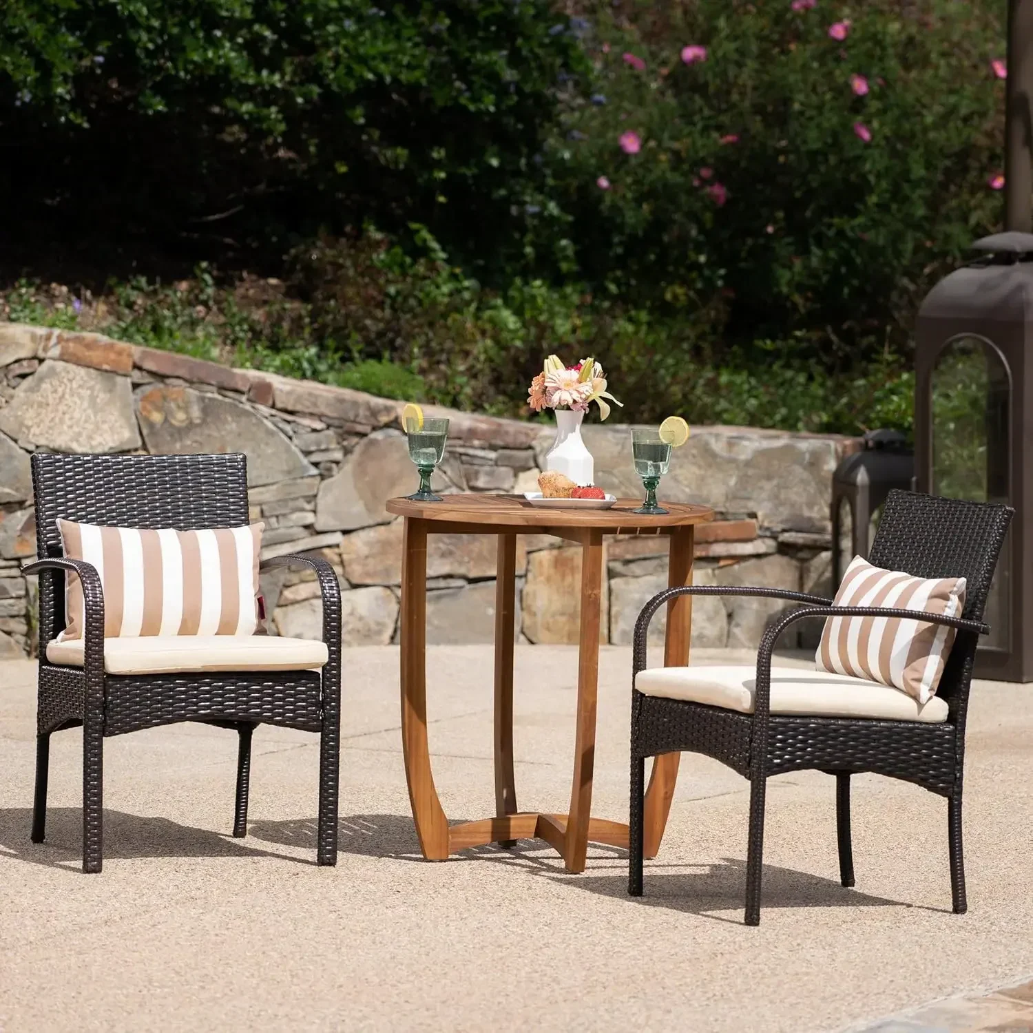 Lindy Outdoor 3 Piece Acacia Wood and Wicker Bistro Set with Cushions, 22.1 