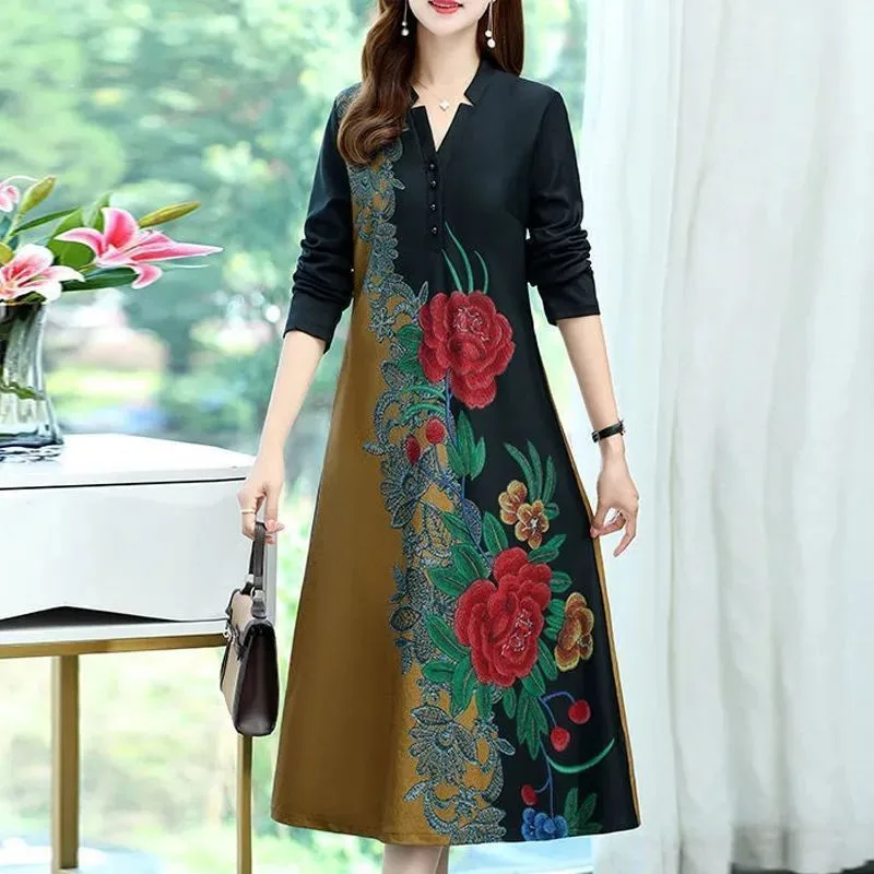 Fdfklak New Mother's Clothing Spring Autumn V-Neck Women Long-Sleeve Nightdress Plus Size Elegant Print Nightgowns Female Dress