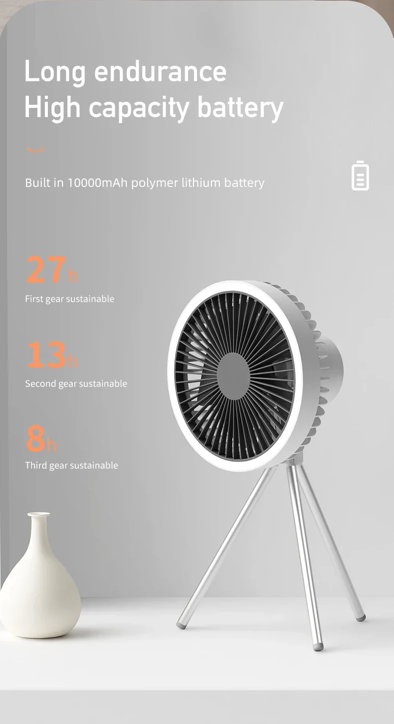 Ventilateur de bureau avec trépied, ventilateur de camping avec lumière LED, batterie 10000mAh, adapté à une utilisation extérieure et intérieure