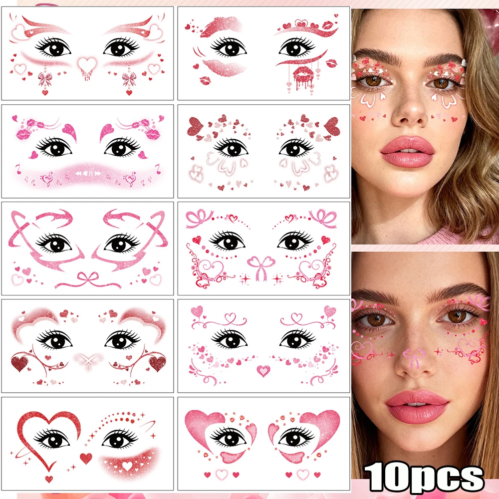 10pcs Glitter Valentine'S Day Face Temporary Tattoos Stickers Pink Red Heart Bow Lips Sweet Romance Face Eye Makeup Decals Decor
