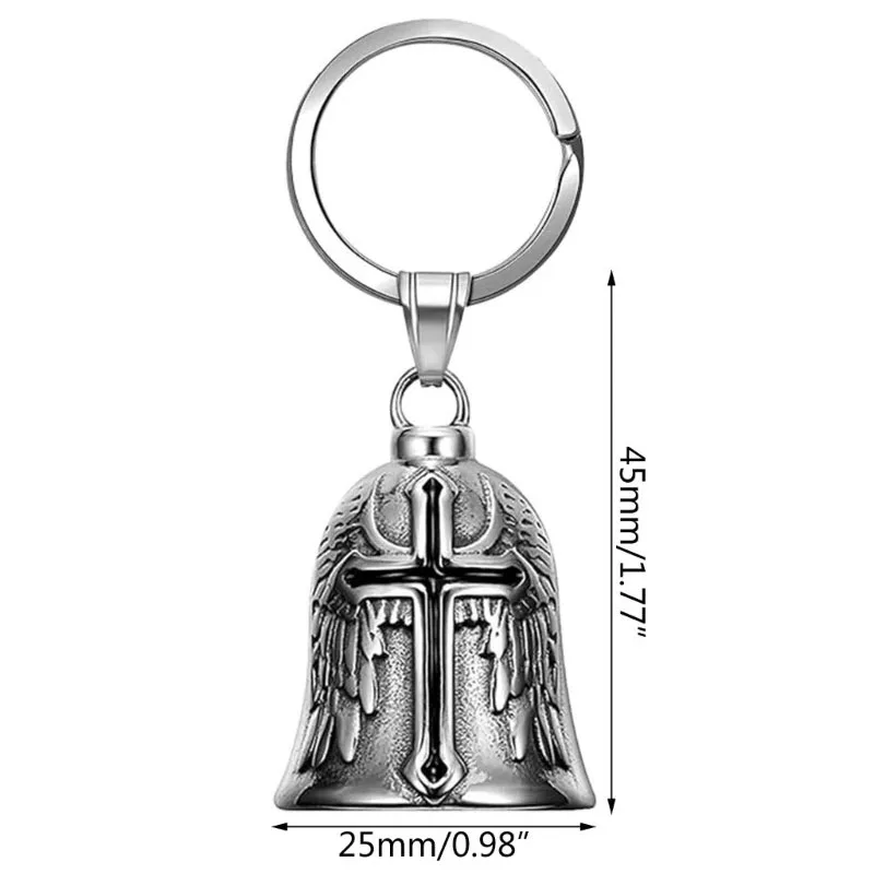 Motorcycle Guardian Bell Keychain Retro Punk Angel Wing Cross Lucky Charm Stainless Steel Metal Pendant Biker Amulet Accessories view 2