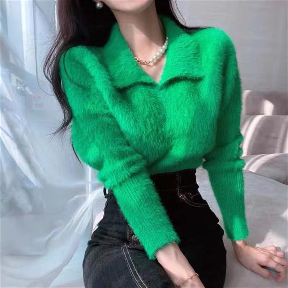 

Женский пуловер из искусственной норки, свитер с отложным воротником и длинным рукавом, однотонный вязаный пуловер, женские повседневные мягкие осенне-зимние теплые топы