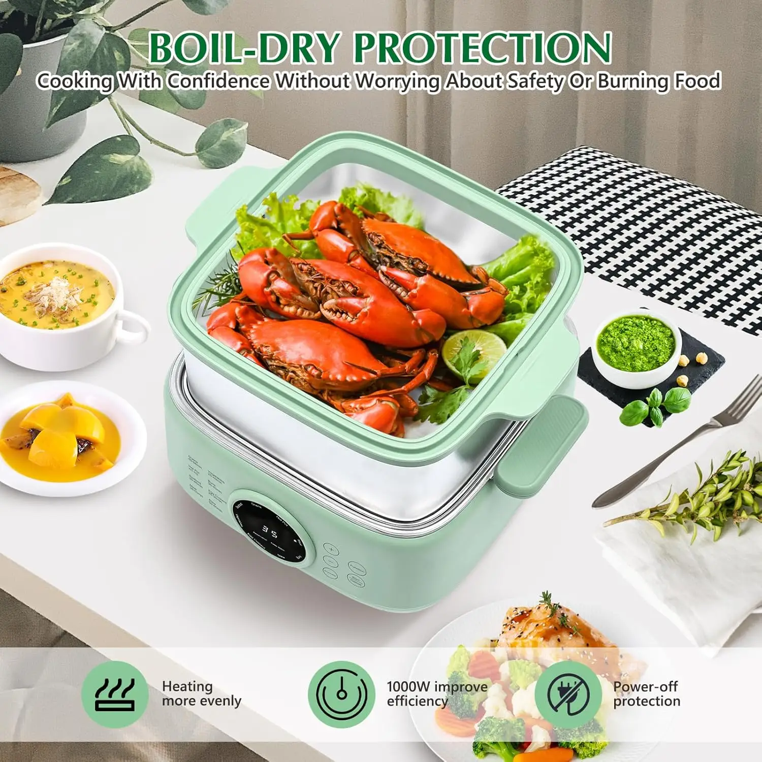 Steamer de comida para cozinhar, vapores digitais para vegetais, aquecimento automático, 8 modos, aquecimento rápido, 9.3L, 2-Tier, 24H Booking e 6H