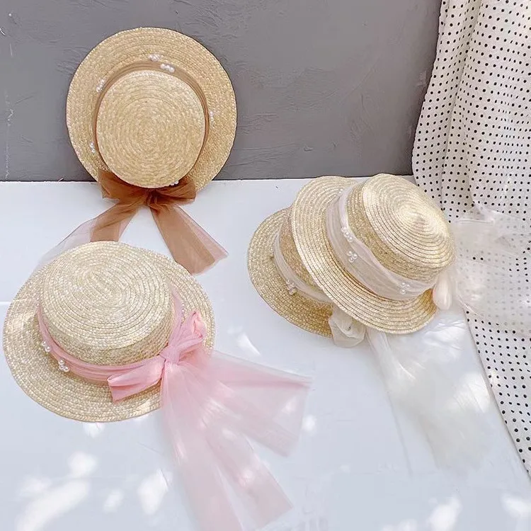 Elegant Fashion Mother Daughter Sunhats Lace Mesh Pearl Hat Cap Outdoor Beach Sunprotection Summer Straw Hat for Adult and Girl