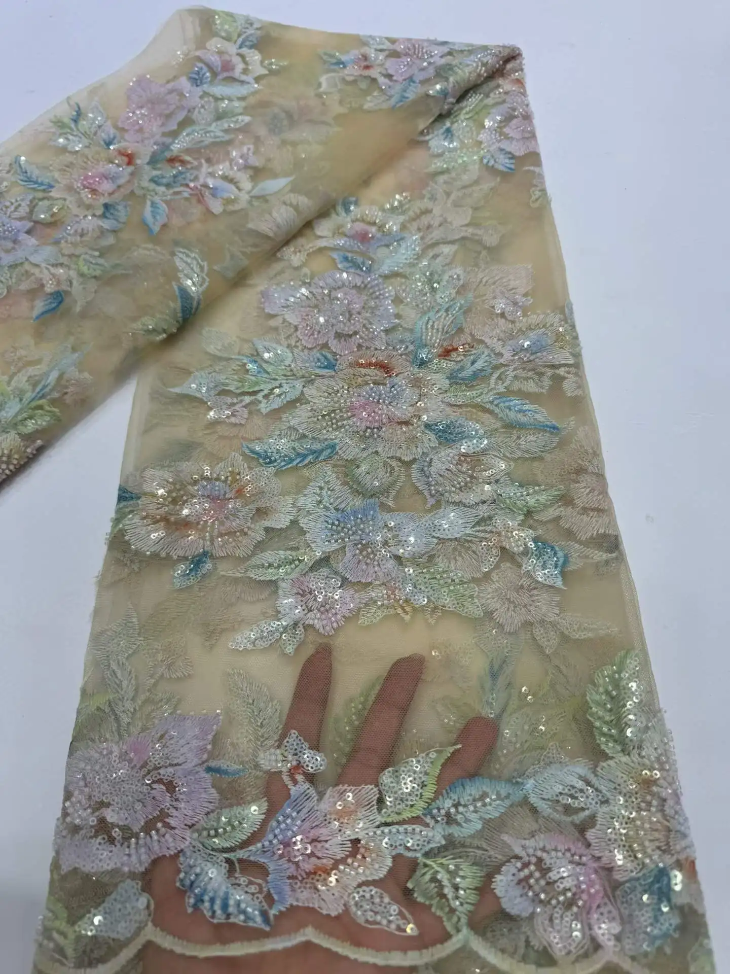 Beautiful, Colorful Beads Sequins Embroidery French Mesh Lace, Soft Tulle net ,African Lace Material for Evening Party Gowns