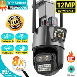 Câmera de vigilância por vídeo PTZ ao ar livre, câmera WiFi, 3 lentes, tela dupla, zoom 8X, 4K, Wi-Fi, iCSee Bluetooth, 12MP, 8MP