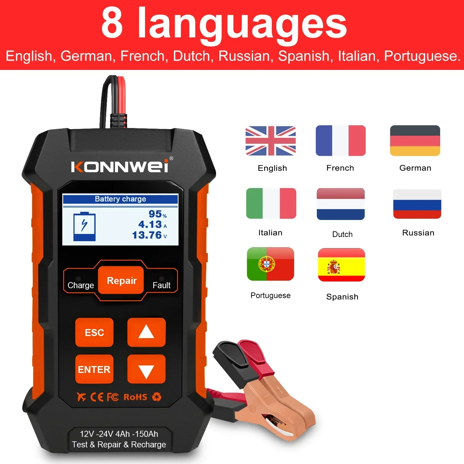 KONNWEI KW520 10A Automobile battery charger repair tester three-in-one for multiple types of automobiles and motorcycles