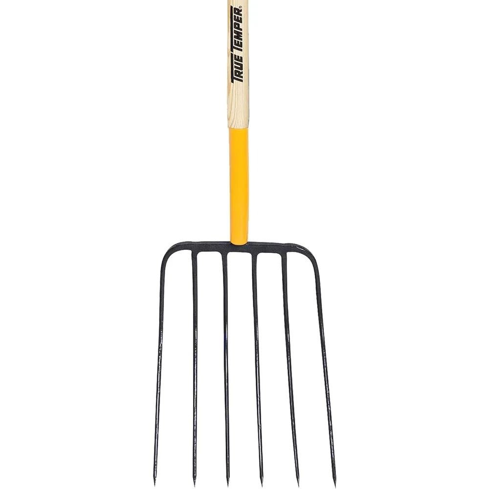 

6-Tine Steel Manure Fork Pitchfork with Hardwood Handle, 48 in., for Transferring Manure, Mulch with Cushion Grip
