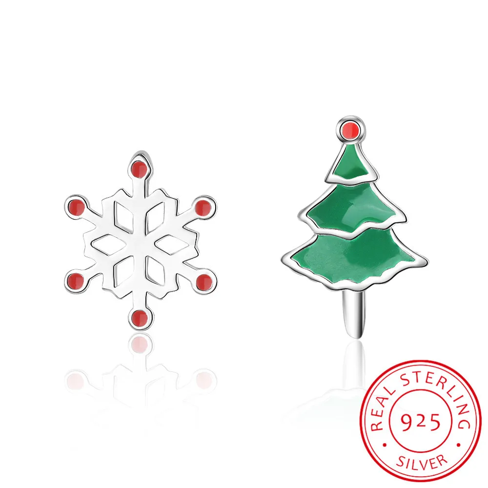 100% 925 prata esterlina moda feminina bonito minúsculo assimétrico árvore de neve brincos filha meninas presente de natal ds326
