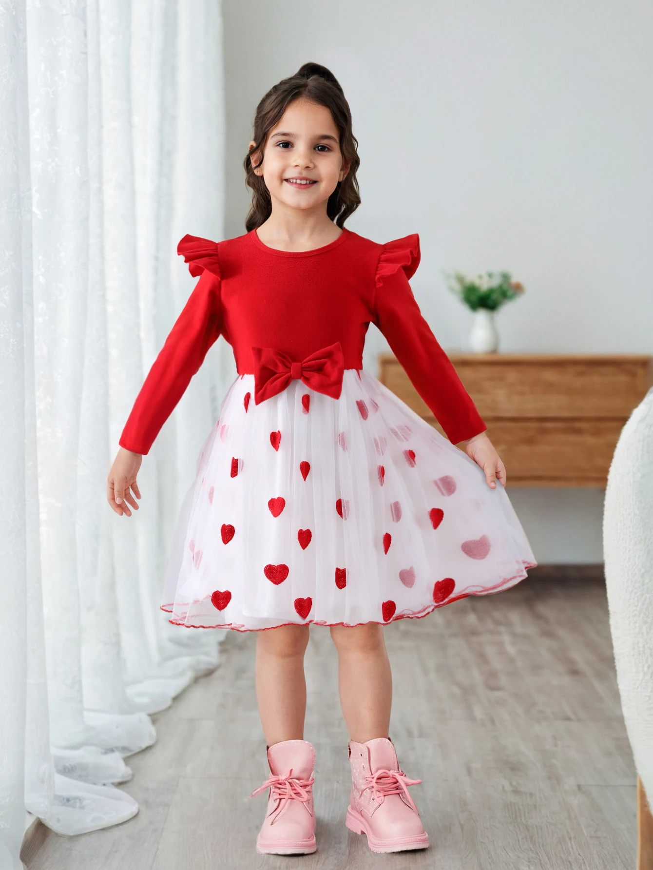 Autumn new girls' love princess bow long sleeved dress