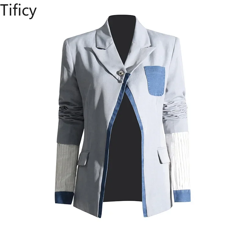 

New Fashionable blazer Women's Temperament Design Sense Splicing Color Collision One Button Casual Minimalist Style Suit Jacket