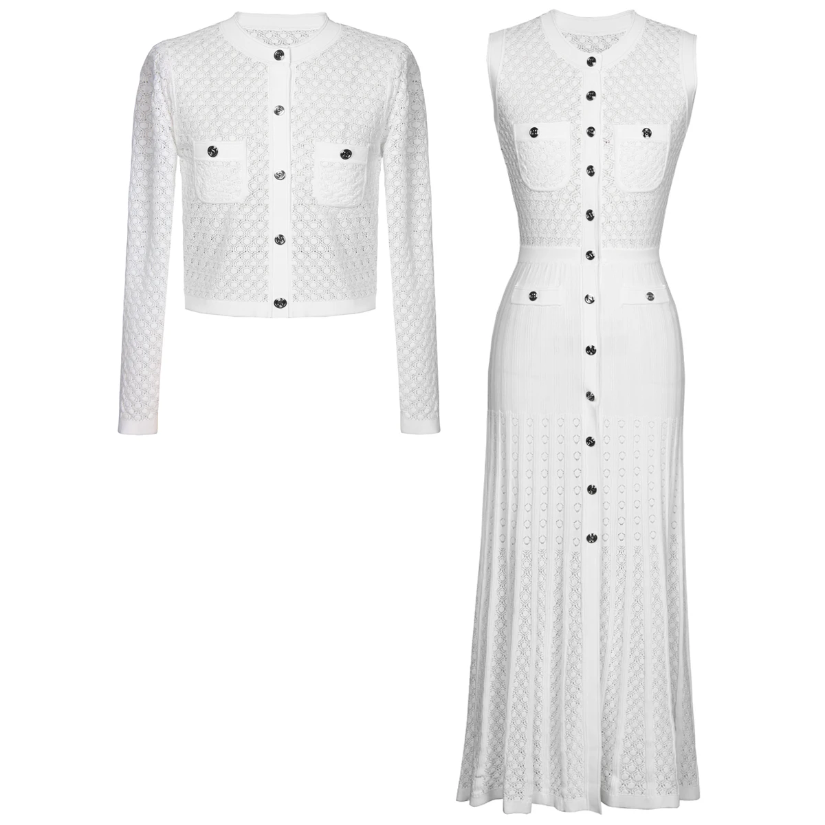 24133 High Version Summer New Fashionable Hollow Out Lady Long Sleeved Women's Knitted Round Neck Top+Sleeveless Long Dress