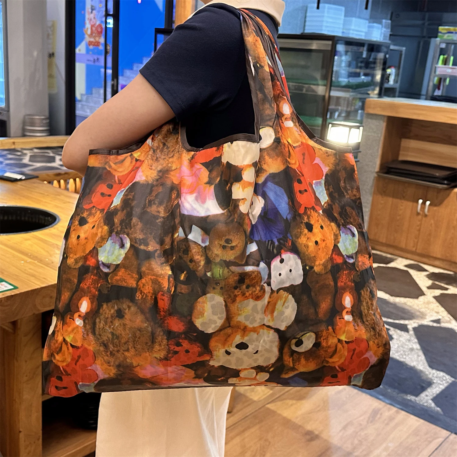 حقيبة يد ذات سعة كبيرة، قابلة لإعادة الاستخدام، محمولة وصديقة للبيئة، حقيبة تسوق خفيفة الوزن، نمط مطبوع، قابلة للطي في الهواء الطلق، حقيبة سفر للتخييم