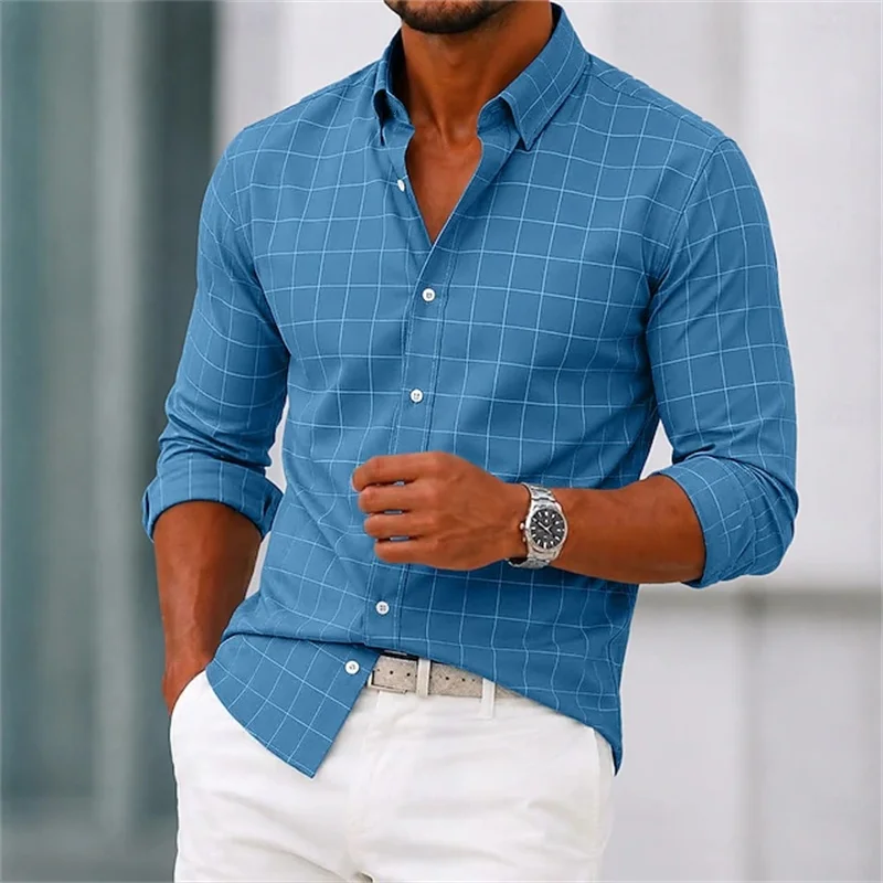 Men's Long-Sleeve Fashion Shirt Autumn 2026 Minimalist Plaid Print Loose-Fit Button-Down with Collar Business-Casual Style