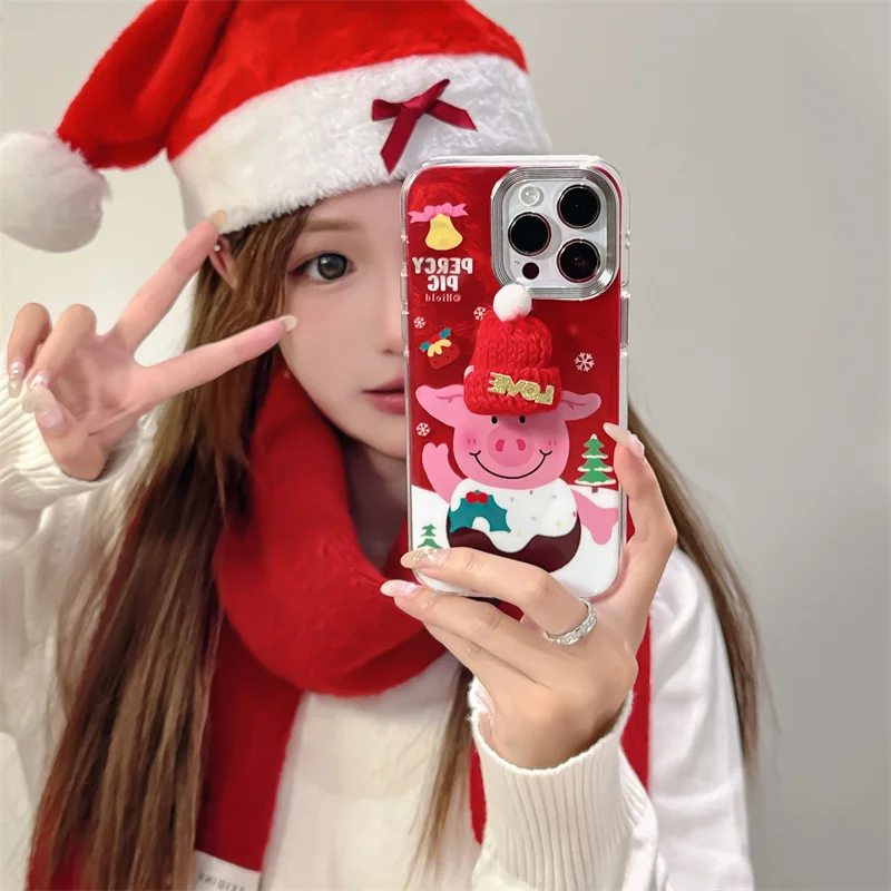 Funny Christmas Cartoon pig Phone Case For iPhone 16 Pro 12 14 13 15 Pro Max Protective Cover Cute wool Red hat Shockproof Cases