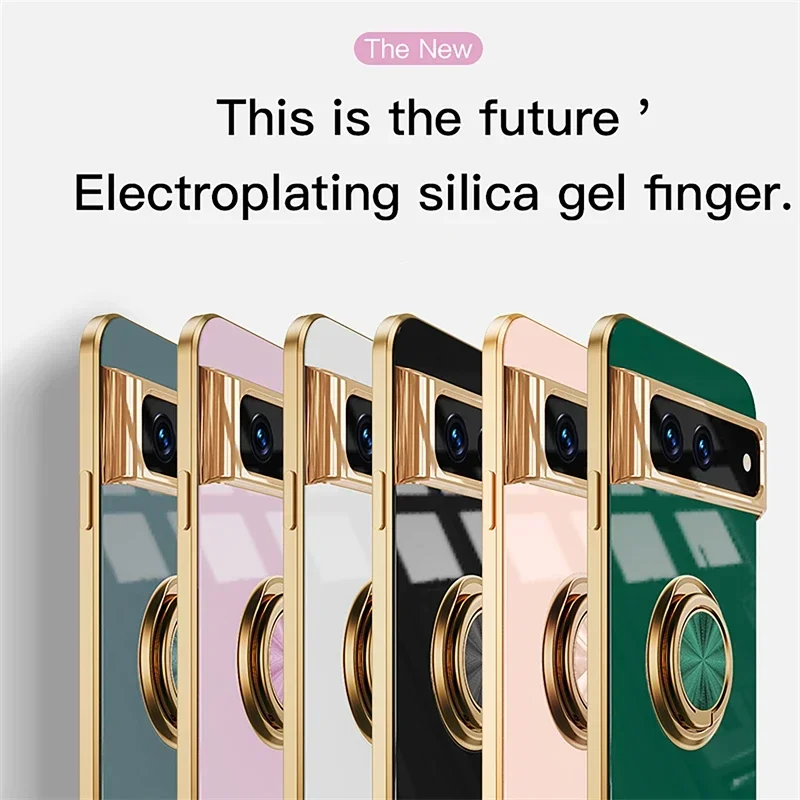 Luxury Plating Silicone Shockproof Phone Case for Google Pixel 10 9 Pro XL 9A 8 7 6 A Metal Ring Magnetic Holder Soft Back Cover
